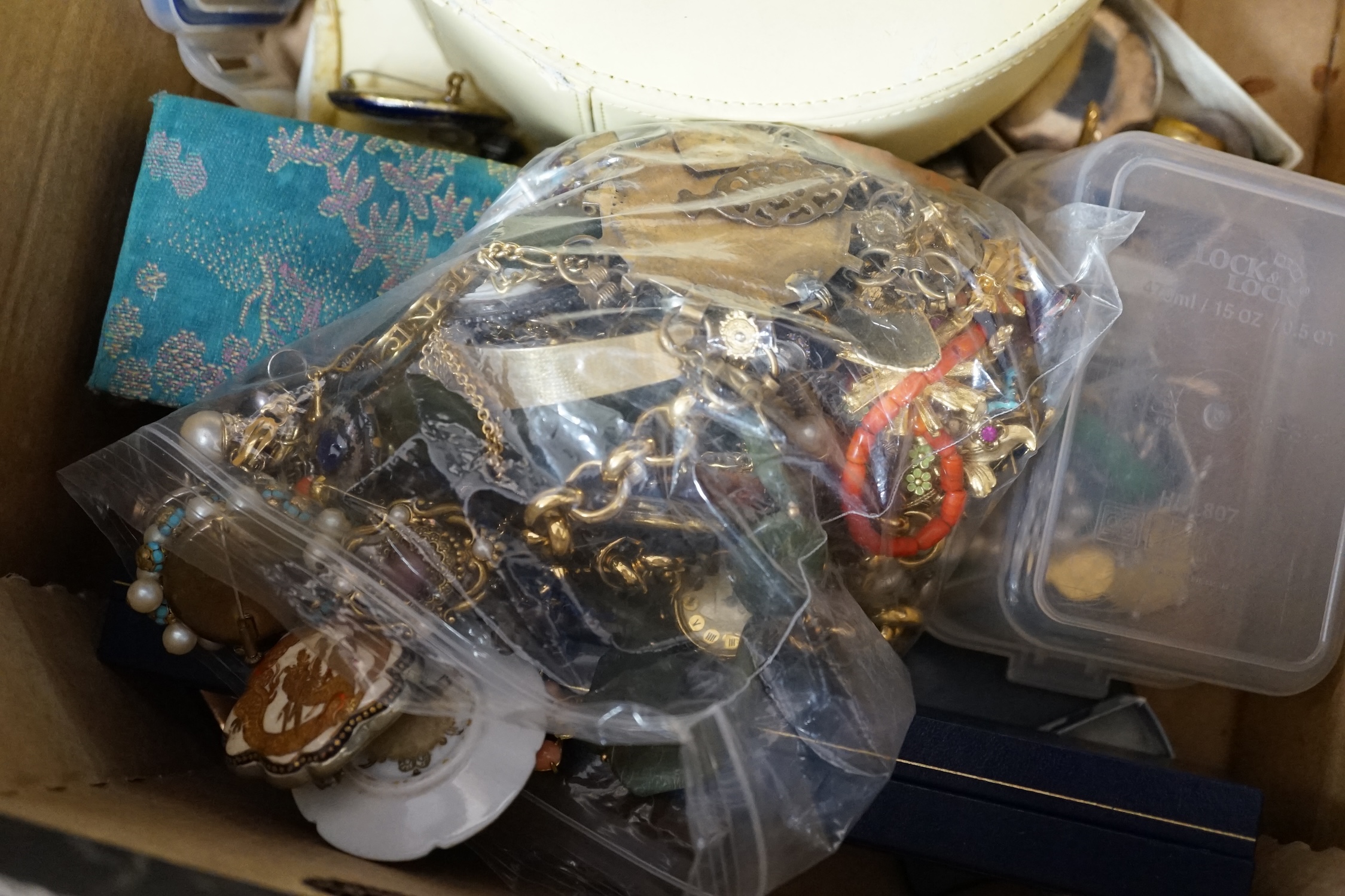 A modern 18k and coral set earring, silver chain and a quantity of assorted costume jewellery and other items including a Dunhill lighter. Condition - poor to fair